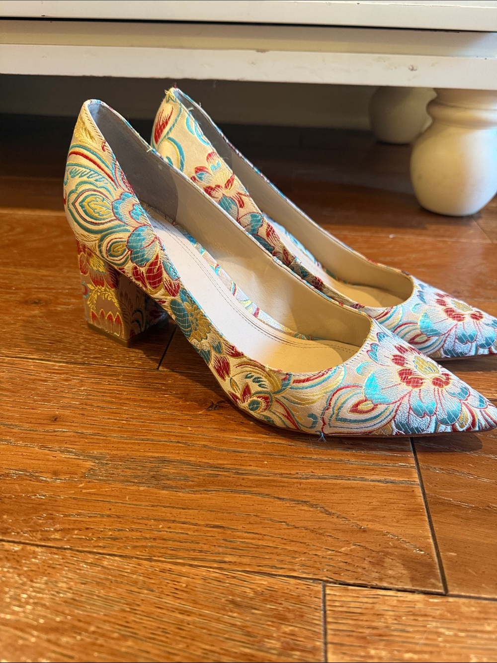 Marc Fisher Floral Embroidered Block Heel Pumps in Cream, Turquoise, Red